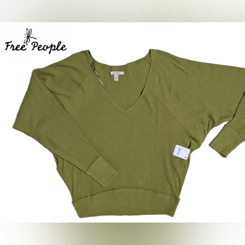 Free People Ferngully Chartreuse Green Waffle Thermal V-Neck Top XS NWT